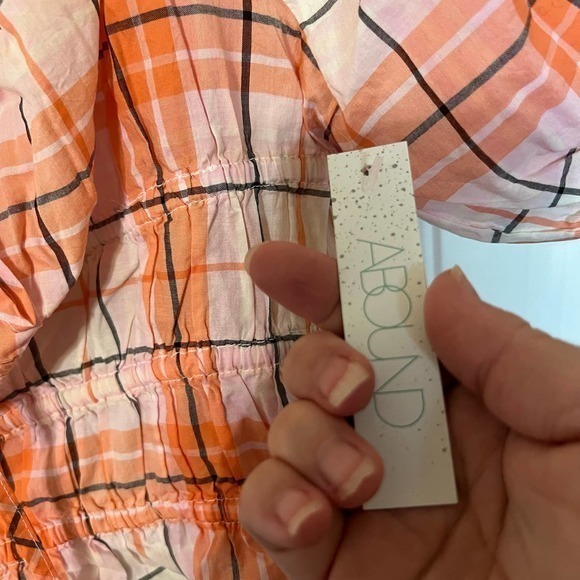 ABOUND Coral Plaid Puff Sleeve Crop Top Cottagecore Ruched Front Blouse‎ Size S - Picture 4 of 9